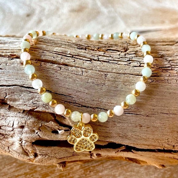 Handmade 14k gold filled bead+ morganite stretch paw print bracelet - Picture 1 of 8